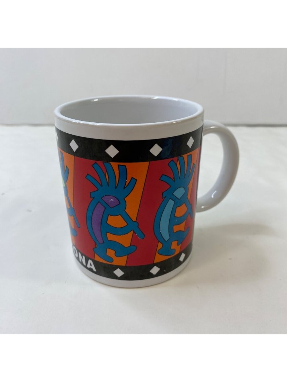Maack Southwestern Arizona Colorful Coffee Mug Kokopelli White Blue Black Orange